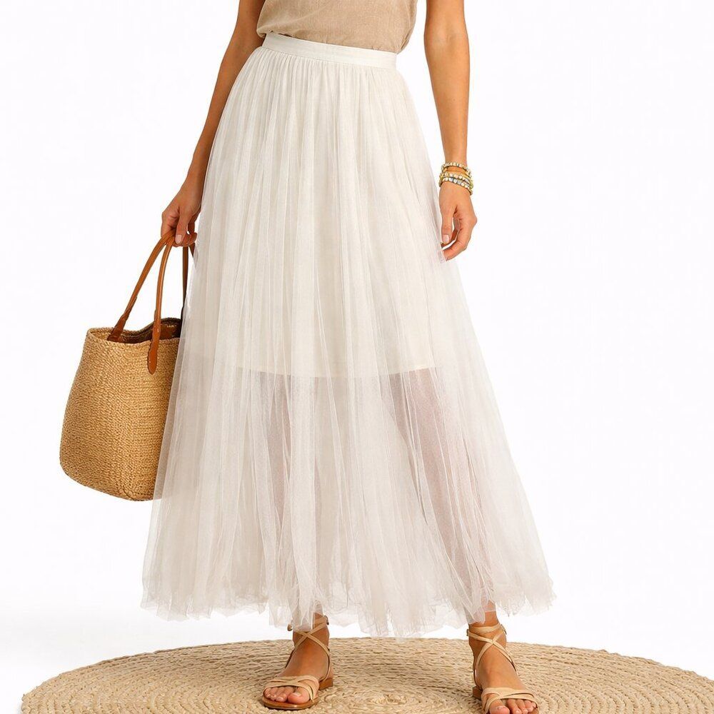 Peruvian Connection Giselle Tulle Midi Skirt in Color White Womens Size Large